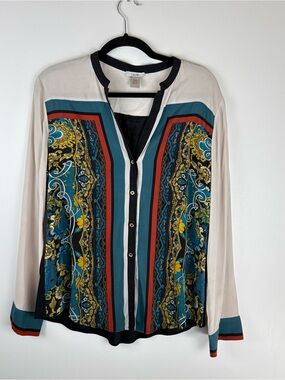 CACHE Silk Shirt Womens Large Button Down Blouse Long Sleeve Paisley Beige